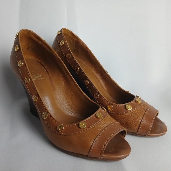 TORY BURCH Wedge Women Sandals Size 6.5 Tan Leather Open Toe - Picture 1 of 10